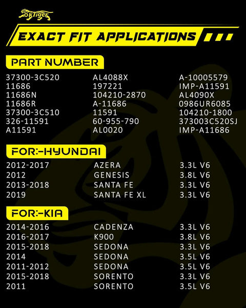 Exact fit applications for Hyundai and Kia models with various part numbers including 37300-3C520, compatible models listed.