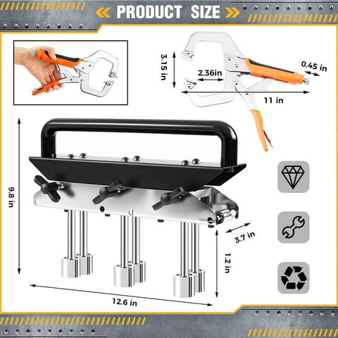 Three Station Edge Roller Bender dimensions and features, pro-grade metal tool for roofing, with adjustable width and angle details