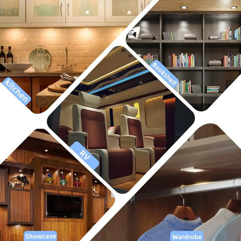 Under Cabinet Puck Lights Kit 3 Pack Surface Mount installed in kitchen, bookshelf, RV, showcase, and wardrobe scene