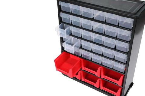 36 Drawer Craft Organizer Bin Heavy Duty Metal Hardware Storage for nails, nuts, bolts, Legos, and small parts with mini and large drawers.