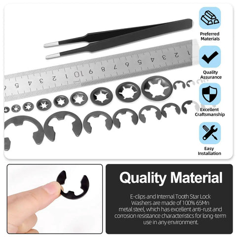 261 Pcs Lock Washer And E Clip Kit with ruler, tweezers, and multiple washer sizes displayed