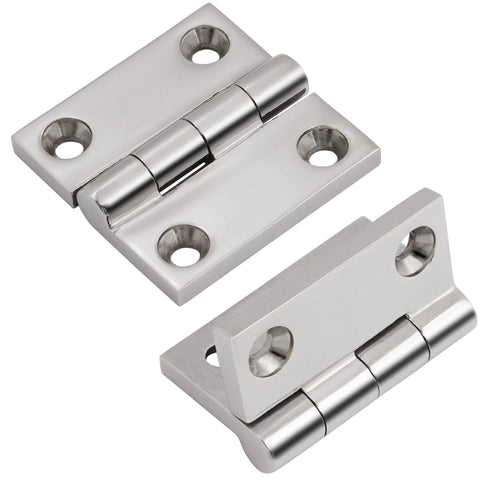 Stainless steel marine hinges, two 2x2 inch, shown in front and side views for boat hatch or cabinet doors.