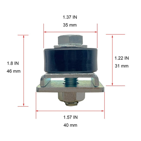 Front view of Trolley Assembly Limiter For One And Five Eighths Inch Wide Strut Channel with measurements, includes washers, Pack Of 2