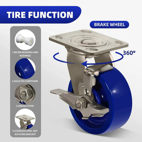 Stainless Steel 5 Inch Heavy Duty Caster Wheels With Anti Corrosion Rust Proof Design Blue Solid Polyurethane Wheel Built To Last Industrial Caster With 1000 Lb Capacity Per Caster Ideal For Food Processing And Pharmaceutical Labs One Brake Included