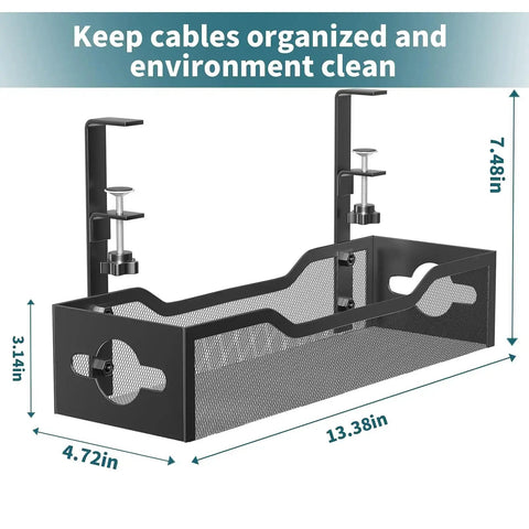 Under Desk Cable Management Tray No Drill Clamp Mount Metal Mesh 2 Hole Cable Tray with dimensions for clean wire organization