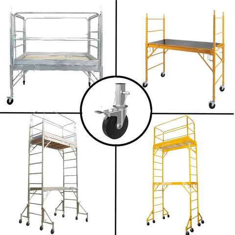 5 Inch Scaffolding Caster Set Of 4 With Heavy Duty Baker Wheels Dual Locking Brakes And Rubber Tires One And A Quarter Inch Square Stem Replacement For Six Foot Baker Scaffolds Each Caster Supports 440 Lbs Easy Swivel And Secure Lock in use with scaffolds.