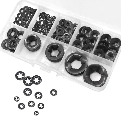 Ruipaba 265-piece internal-tooth star lock washers in a clear plastic organizer, black metal, multiple sizes (front view).