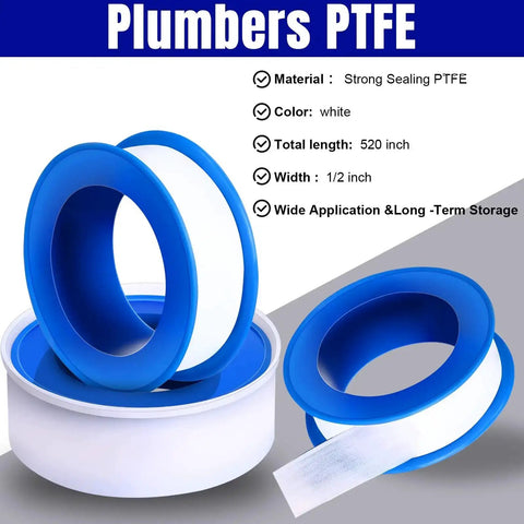 100 Rolls PTFE Tape One Half Inch By 520 Inches For Plumbing Sealant Waterproof Leak Proof Sealing Tape, Great For Shower Heads, Water Pipes, And DIY Repairs, White.