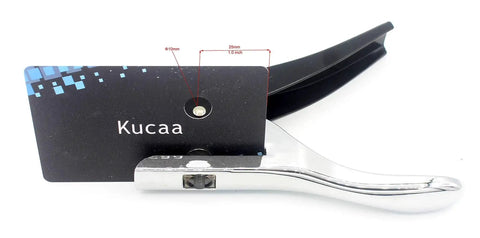 Heavy Duty All Metal Handheld 10mm Circle Hole Punch for ID Cards, PVC Cards, Bank Cards, and Photos, showing punching action.