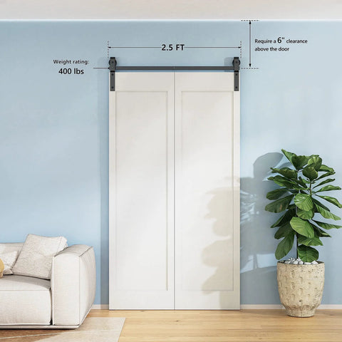 2.5Ft Bi Folding Sliding Barn Door Hardware Track Kit For Two Doors, black roller kit, J shape track installed in living room