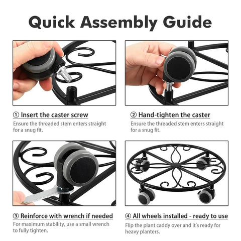 Quick assembly guide for Three Pack Heavy Duty Plant Caddies With Wheels 11.8 Inch Metal Plant Dollies Rolling Stands