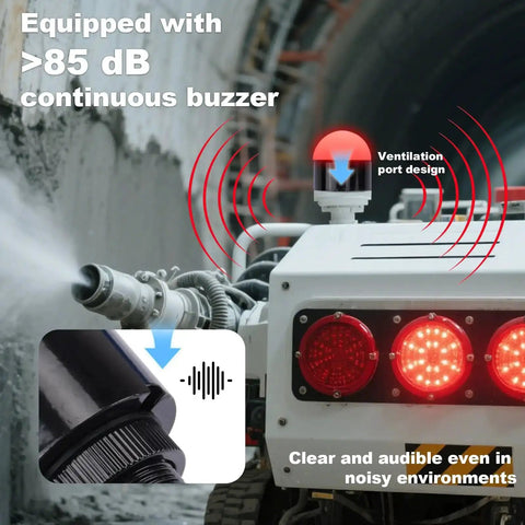 Built Tough Industrial Three Color LED Signal Tower With Buzzer for Machinery Safety, 85 dB noise, red light, installation view