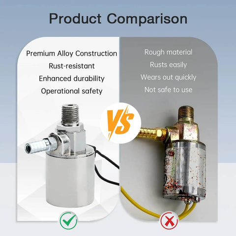Comparison of Air Horn Solenoid Valve Dual Voltage 12V And 24V with chrome alloy housing vs. rough material valve showing durability differences.