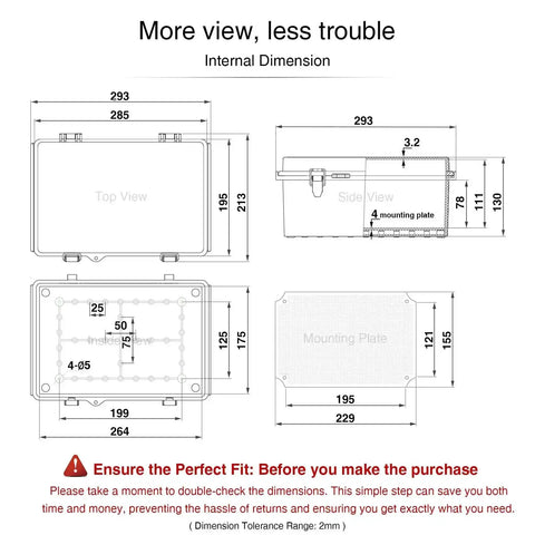 Diagram showing internal dimensions of Rugged Outdoor IP67 Junction Box Waterproof Electrical Enclosure in Tough ABS Plastic
