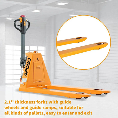 APOLLOLIFT electric pallet jack, side view, orange body, 48 x 27 inch forks, lithium battery