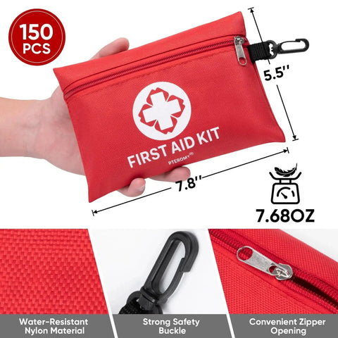 Portable 150 Piece Mini First Aid Kit For Car Travel Home And Outdoor Adventures showing compact red bag with zipper and buckle