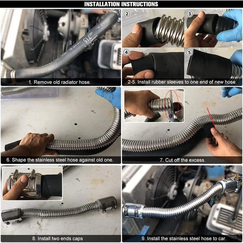 Hypertune universal 48in stainless steel radiator hose kit with 4 clamps, black; collage of installation steps