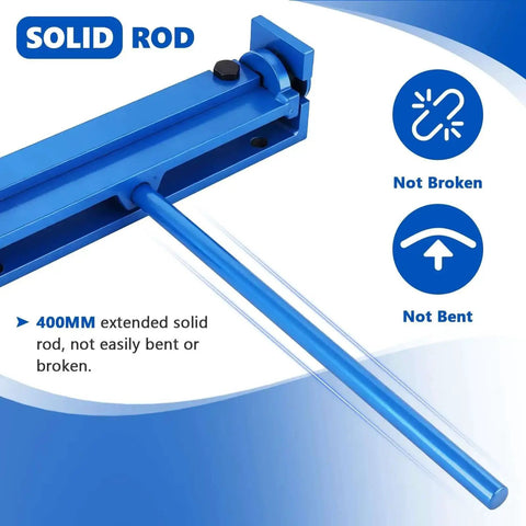 Close-up of blue 7.87 Inch Steel Bending Brake Manual Sheet Metal Bender, showing solid rod extension for durability and stability.