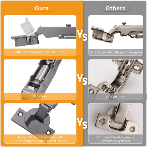 Comparison of frameless full overlay soft close concealed cabinet hinges and standard hinges showing design and angle differences.