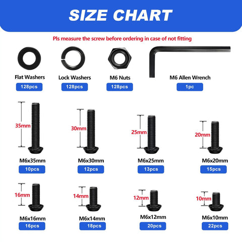 Size chart of M6 Button Head Hex Socket Cap Screw Kit With Nuts And Washers, 510 Pieces, M6x10mm Through M6x35mm, 12.9 Grade Alloy Steel Black Galvanized.