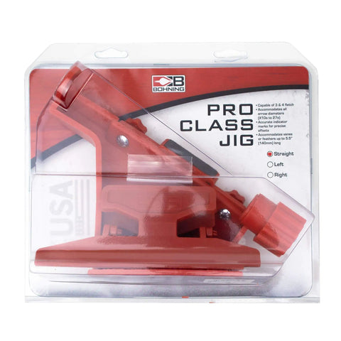 Pro Class Fletching Jig For Vanes And Feathers Up To 5.5 Inches in packaging, showing red jig, magnetic clamp, adjustable settings