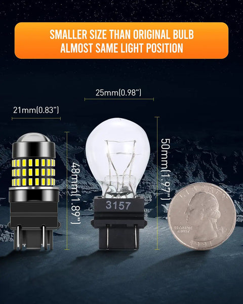 Xenon White 3157 LED Bulbs For Turn Signals Tail Lights And Backup Lights Pack Of 2 1800 Lumens Total 3.6W Each Plug And Play 9 To 30V Non Polarity Projector Style comparison of sizes