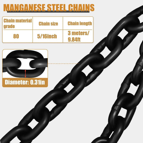 Manganese steel heavy-duty lifting chain, 5/16 in x 3 m, black coated