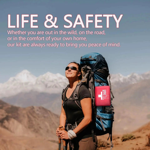 Hiker with backpack and Pro Trauma First Aid Kit With Labeled Compartments And Molle System for hiking in mountain scenery