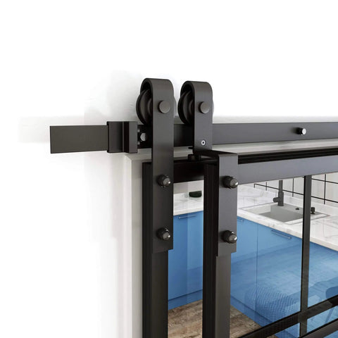 Close-up of Bypass Double Glass Barn Door Kit With 6.6 Ft Hardware, clear tempered glass panels, aluminum frame, installed in kitchen