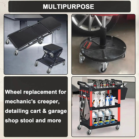Four product images showing Six Pack 2 Inch Creeper Wheels Heavy Duty 360 Degree Swivel Stem Casters for carts and furniture use.