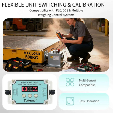 Industrial Load Cell Amplifier Transmitter With Unit Switching For Scales And Automation Converts Microvolt Signals To Four To Twenty Milliamps Or Zero To Ten Volt Output Auto Calibration Five Volt Excitation And One To Ninety Nine Digital Filtering Easy, shown with technician and equipment on factory floor.