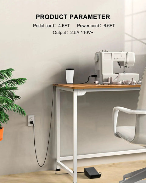 Foot pedal power cord for Singer sewing machine with D-shaped plug on desk; black cord connects to wall outlet.