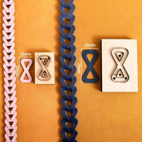 Dope Bow Shape Leather Cutting Die Set Two Pack For DIY Leather Projects with pink and blue straps, metal dies, and wooden frames