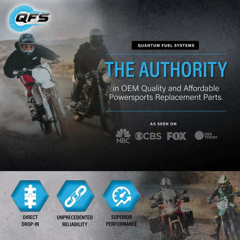 Motorcyclists riding on dirt with QFS logo; promotes Quantum Fuel Systems as OEM powersports parts authority