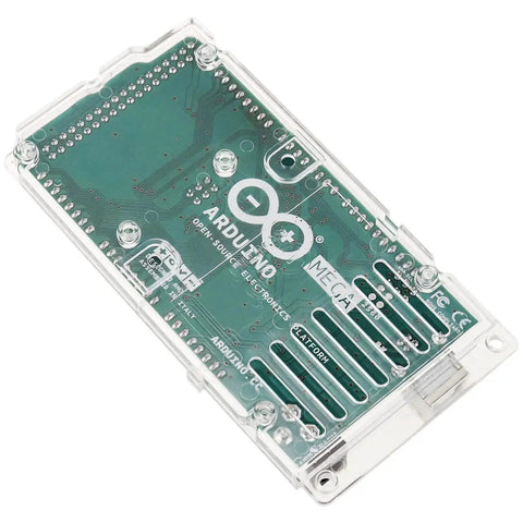 Mega 2560 Rev 3 Microcontroller Board with ATmega2560 in clear case, showing circuit design and branding on the back panel