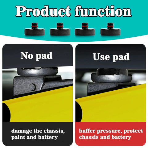 Comparison image showing Tesla Jack Pad Set 4 Pack Lifting Pucks For Models 3 Y X S Rubber Non Slip, with and without protection.