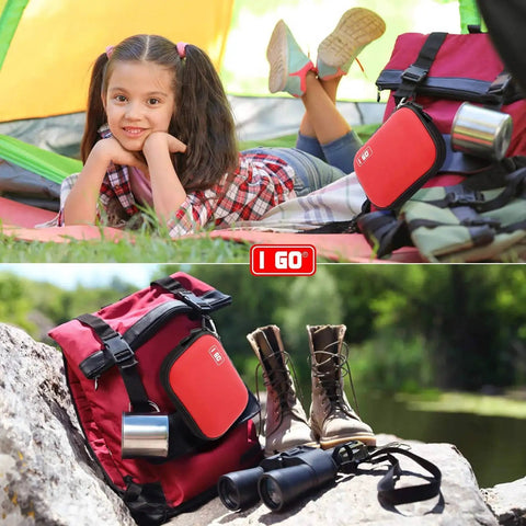 Child with 85 Piece Hard Shell Mini Compact First Aid Kit for Grab and Go Travel and Outdoor Adventures by red backpack and hiking gear.