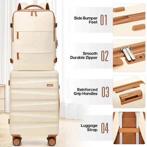 Flight Ready Luggage Set With Backpack, 20 Inch Carry On Polycarbonate Hardshell Suitcase With Spinner Wheels, Airline Approved, TSA Lock