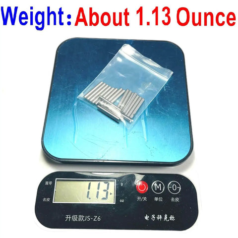 One Eighth Inch Dowel Pins Set, 20 Pieces, one inch long metal shelf pins in bag on scale showing weight of 1.13 ounces