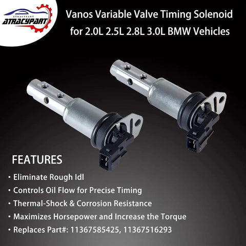 Two Pack Variable Valve Timing Vanos Solenoid VVT For BMW 3 Series And 5 Series Models Including 325i 328i 330i 335i 525i 528i 530i 535i E60 E90 N52 N54 Replaces 11367585425 11367516293 OEM Fit Solenoid Kit For Peak Engine Performance.