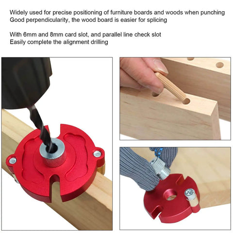 Pro Grade Auto Centering Dowel Jig with Aluminum Drill Guide, showing drill bit and bushing for accurate hole punching in wood.