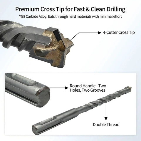 Image showing a 7pc SDS Plus Masonry Drill Bit Set With 4 Cutter Cross Tip And Double Thread For Fast Concrete Drilling, 6.3 Inch Length Tungsten Steel Bits For Stone Brick Walls Built Tough For Rotary Hammer Kinspire, focus on 4-cutter cross tip and double thread.