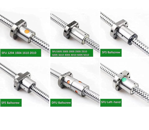 Various ball screw models including SFU 1204, SFE, DFU, and SFS ballscrews showcasing different specifications and applications.