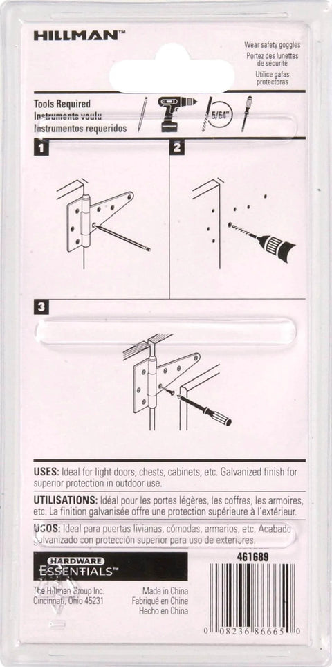 Back packaging of Galvanized Light T Hinges 3 Inch Two Pack for Barn Doors with installation instructions.