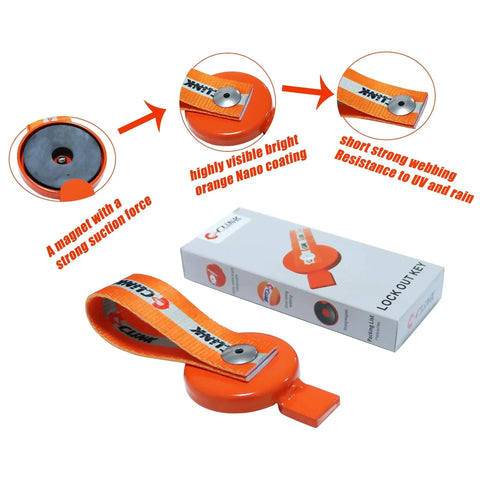 Front view of orange C CLINK Surge Brake Lockout Key with strap and magnetic insert, packaging box nearby