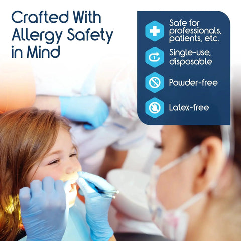 Dentist wearing Nitrile Vinyl Blend Disposable Gloves Latex Free Multipurpose Blue 1000 Large checking child's teeth