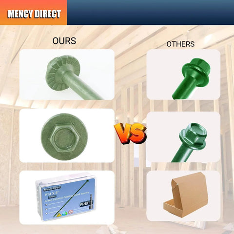 Comparison of Pack Of 50 14 By 8 Inch Heavy Duty Wood Screws With Green Hex Head and competitor alternative with image of hex socket drive bit box.