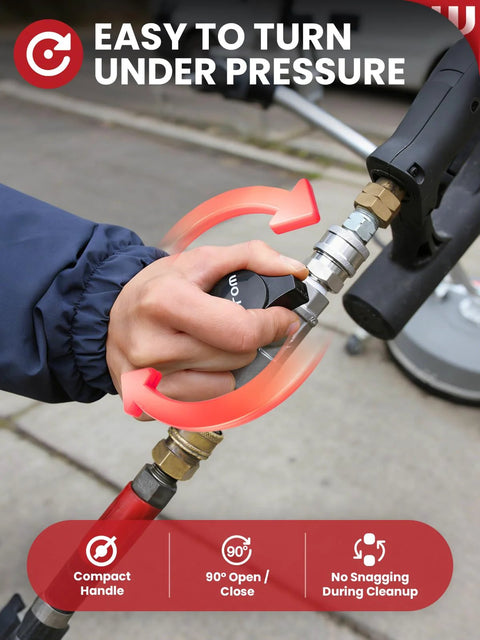 Ball valve pressure washer handle with red ring, stainless steel body and brass 3/8 quick-connect fittings