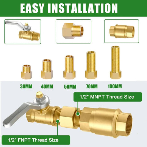 1/2 Inch Brass Pipe Extension Fitting Set Female To Male Connector Hex Bushing Reducer Adapter with Teflon Tape shown with thread sizes