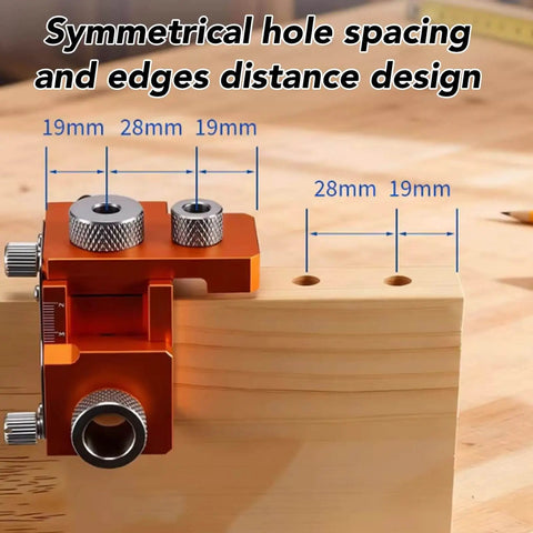 Double Hole Positioning Locator Drill Guide Jig With Adjustable Clamping for 15-25mm Board Thickness, shown on wood